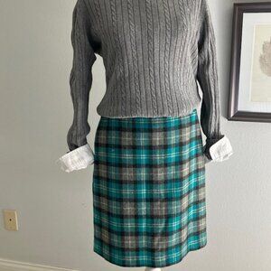Talbots wool pencil knee length skirt women's size 4p teal black plaid